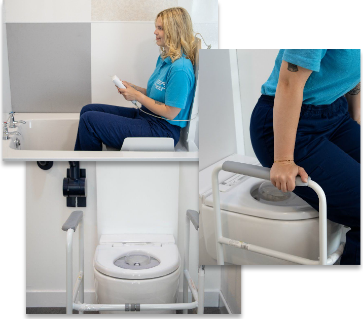 A stack of three pictures - a person using a bath lift, a toilet